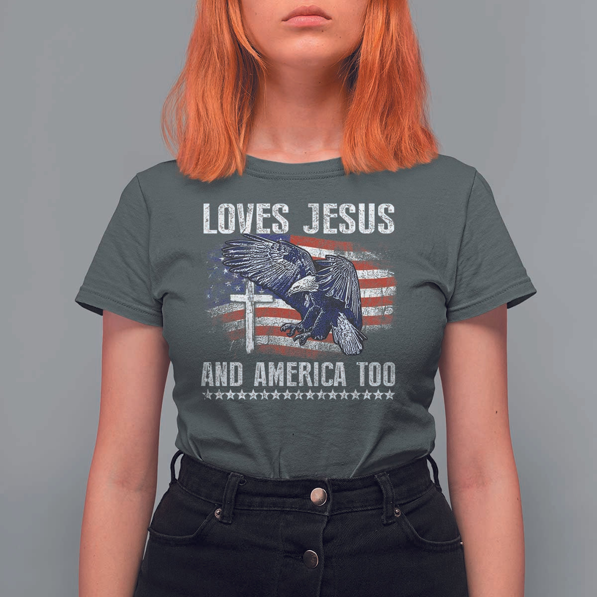 Funny Loves Jesus And America Too T Shirt For Women 4th Of July Patriotic Christian Eagle American Flag - Wonder Print Shop