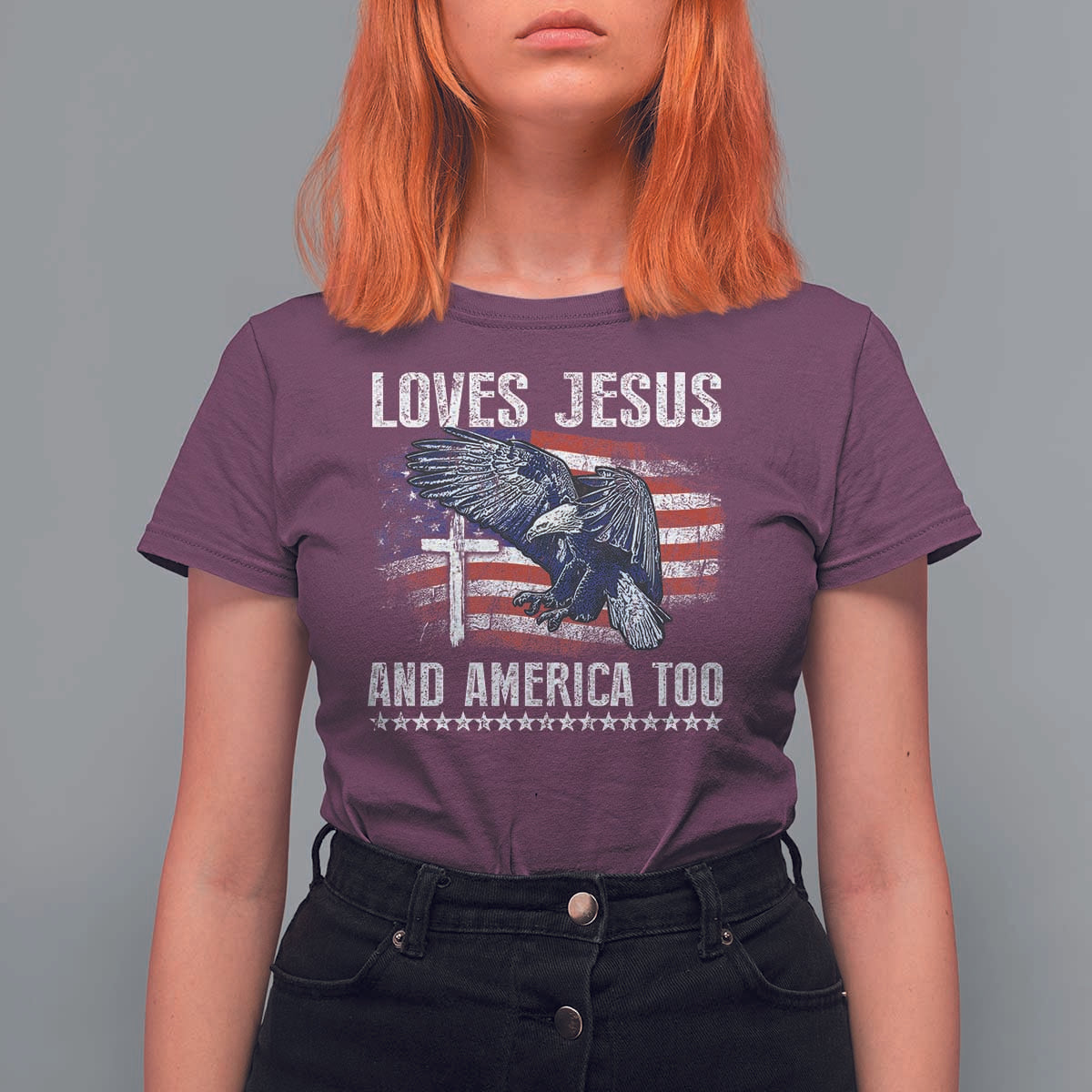 Funny Loves Jesus And America Too T Shirt For Women 4th Of July Patriotic Christian Eagle American Flag - Wonder Print Shop