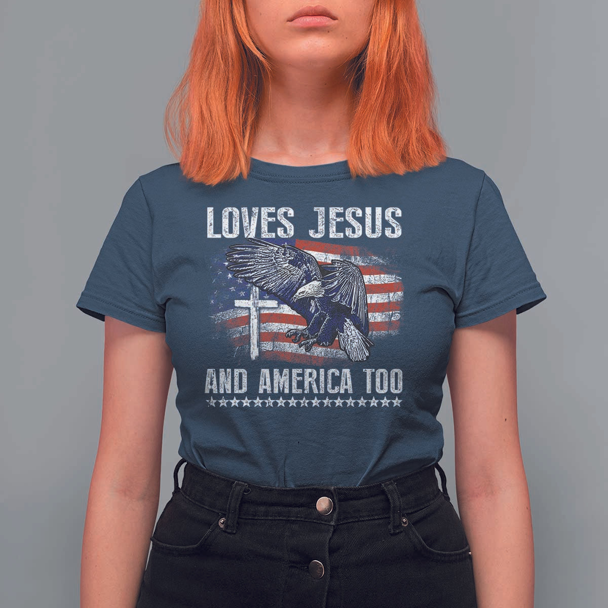 Funny Loves Jesus And America Too T Shirt For Women 4th Of July Patriotic Christian Eagle American Flag - Wonder Print Shop