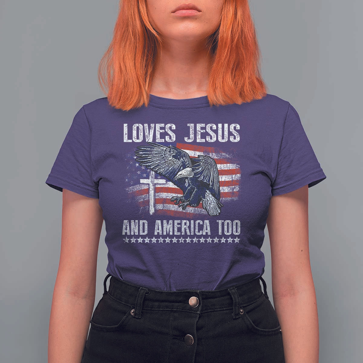 Funny Loves Jesus And America Too T Shirt For Women 4th Of July Patriotic Christian Eagle American Flag - Wonder Print Shop