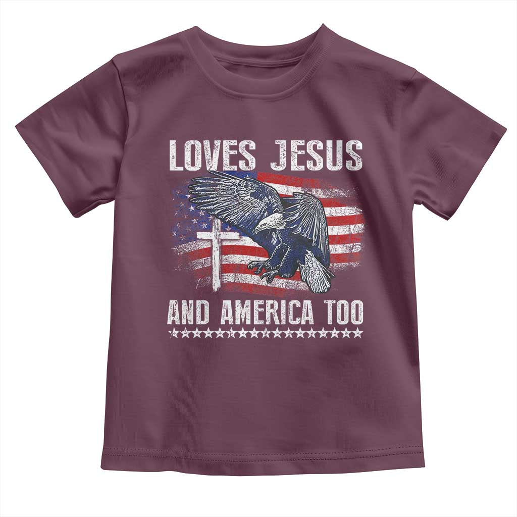 Funny Loves Jesus And America Too Toddler T Shirt 4th Of July Patriotic Christian Eagle American Flag - Wonder Print Shop