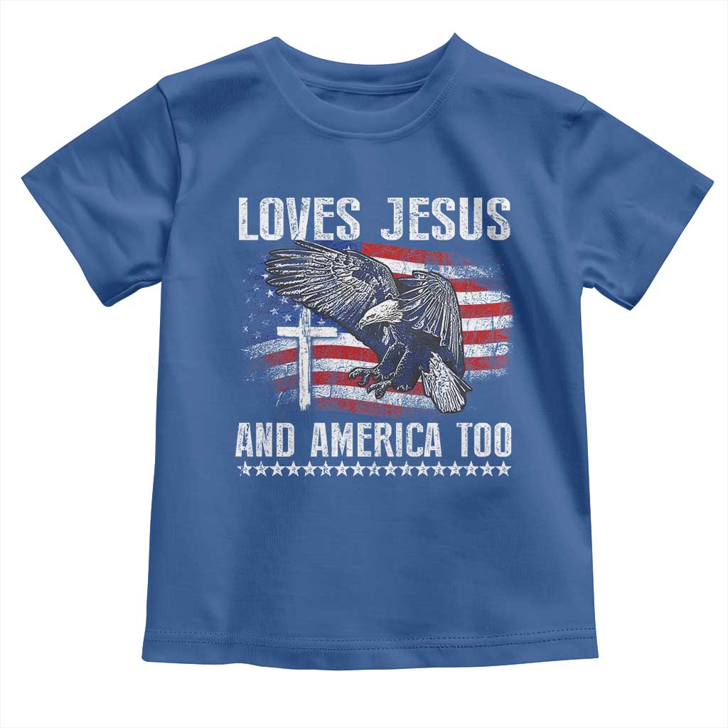 Funny Loves Jesus And America Too Toddler T Shirt 4th Of July Patriotic Christian Eagle American Flag - Wonder Print Shop