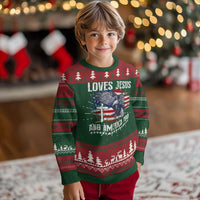 Funny Loves Jesus And America Too Knitted Sweatshirt 4th Of July Patriotic Christian Eagle American Flag - Wonder Print Shop