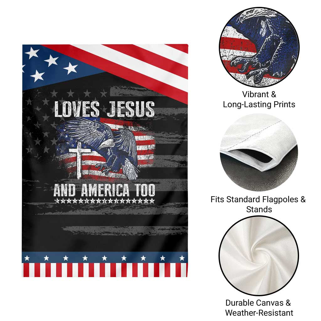Funny Loves Jesus And America Too Garden Flag 4th Of July Patriotic Christian Eagle American Flag