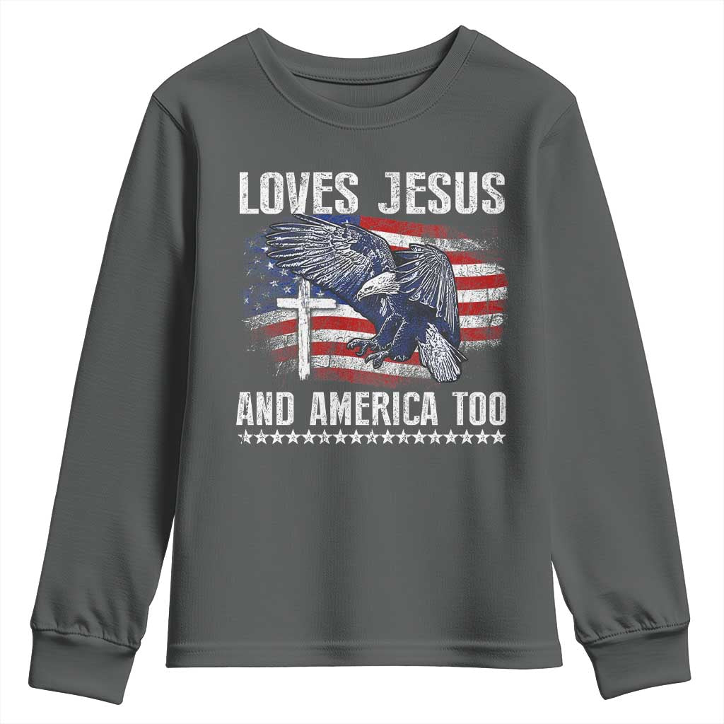 Funny Loves Jesus And America Too Youth Sweatshirt 4th Of July Patriotic Christian Eagle American Flag - Wonder Print Shop