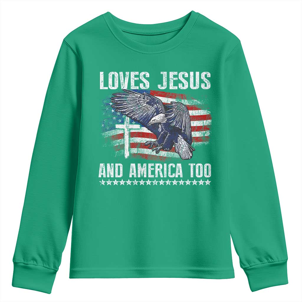 Funny Loves Jesus And America Too Youth Sweatshirt 4th Of July Patriotic Christian Eagle American Flag - Wonder Print Shop