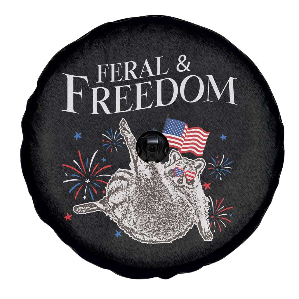 Funny Feral And Free Spare Tire Cover 4th of July Patriotic Raccoon With American Flag - Wonder Print Shop