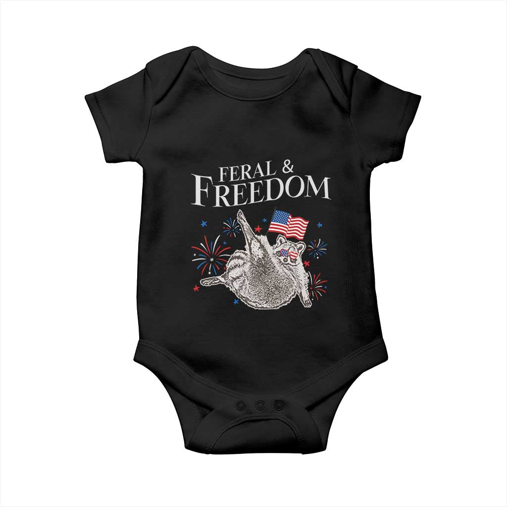 Funny Feral And Free Baby Onesie 4th of July Patriotic Raccoon With American Flag - Wonder Print Shop