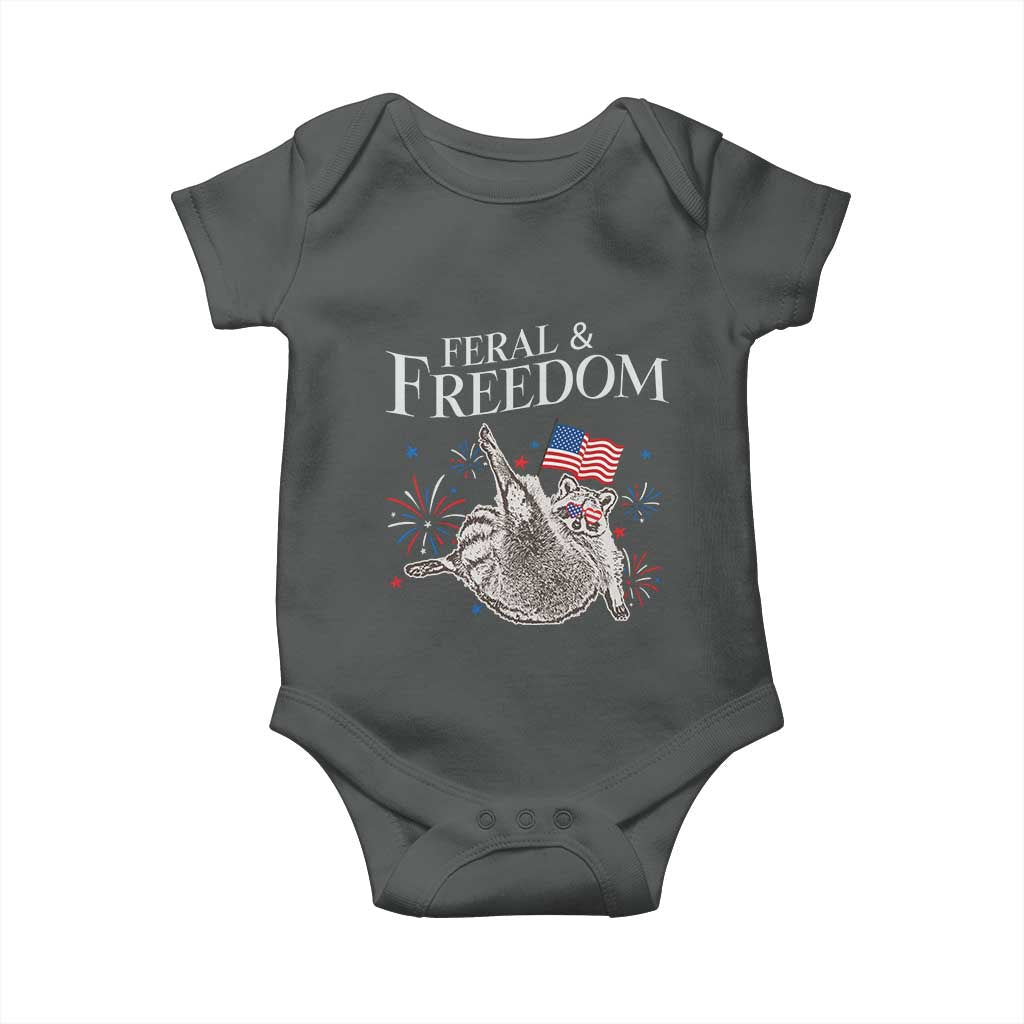Funny Feral And Free Baby Onesie 4th of July Patriotic Raccoon With American Flag - Wonder Print Shop