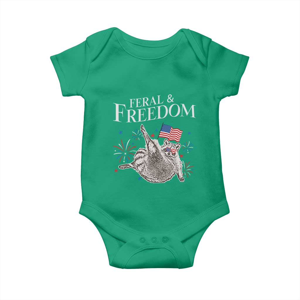 Funny Feral And Free Baby Onesie 4th of July Patriotic Raccoon With American Flag - Wonder Print Shop