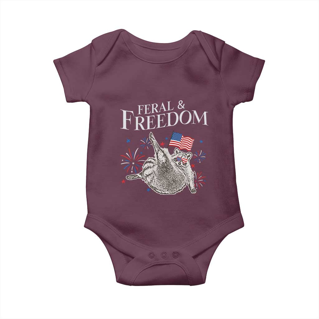 Funny Feral And Free Baby Onesie 4th of July Patriotic Raccoon With American Flag - Wonder Print Shop