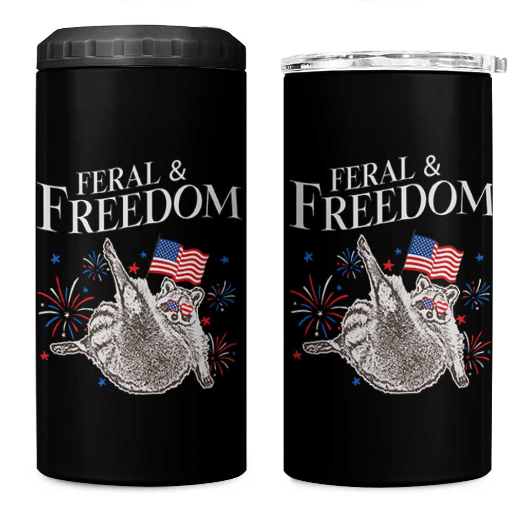 Funny Feral And Free 4 in 1 Can Cooler Tumbler 4th of July Patriotic Raccoon With American Flag - Wonder Print Shop