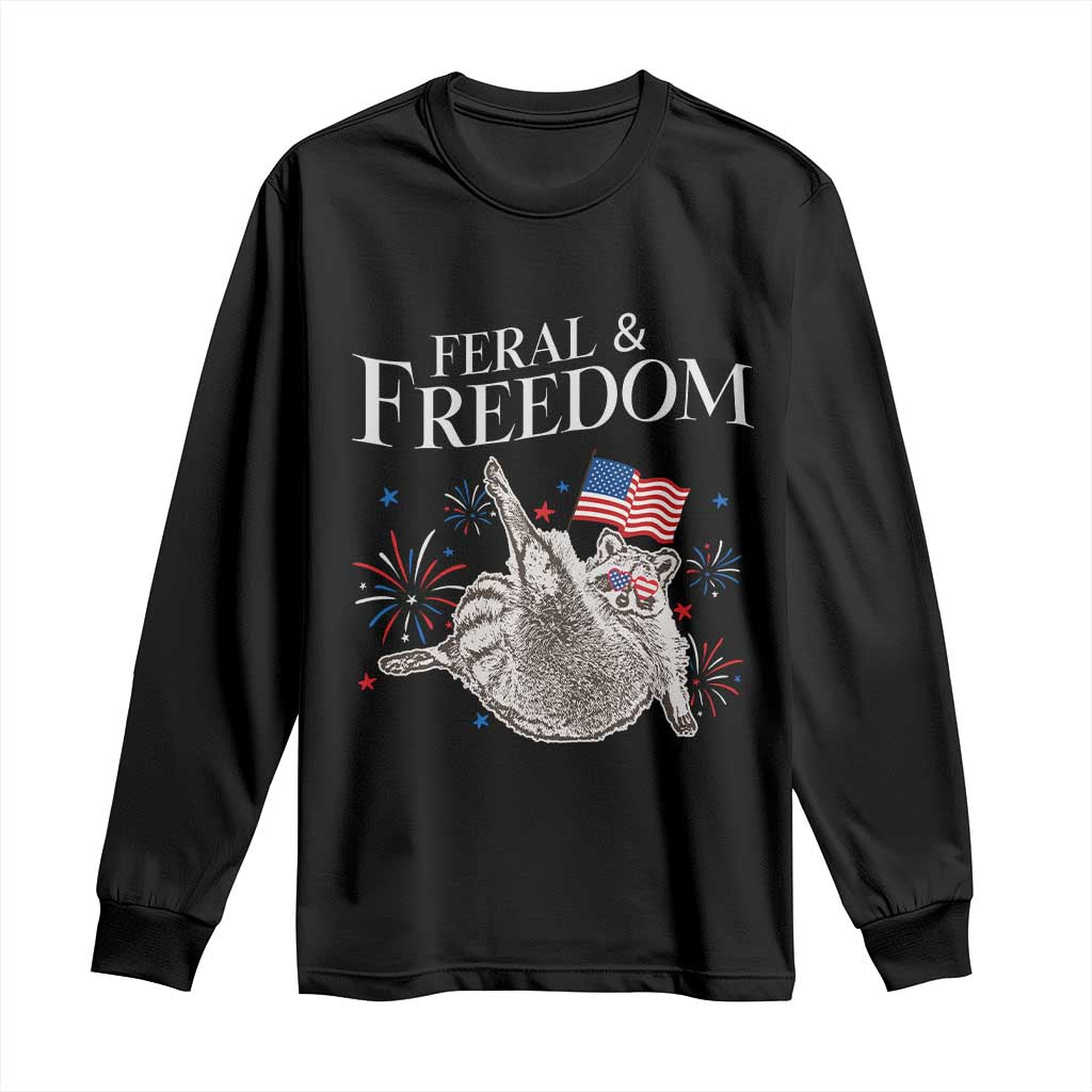 Funny Feral And Free Long Sleeve Shirt 4th of July Patriotic Raccoon With American Flag - Wonder Print Shop
