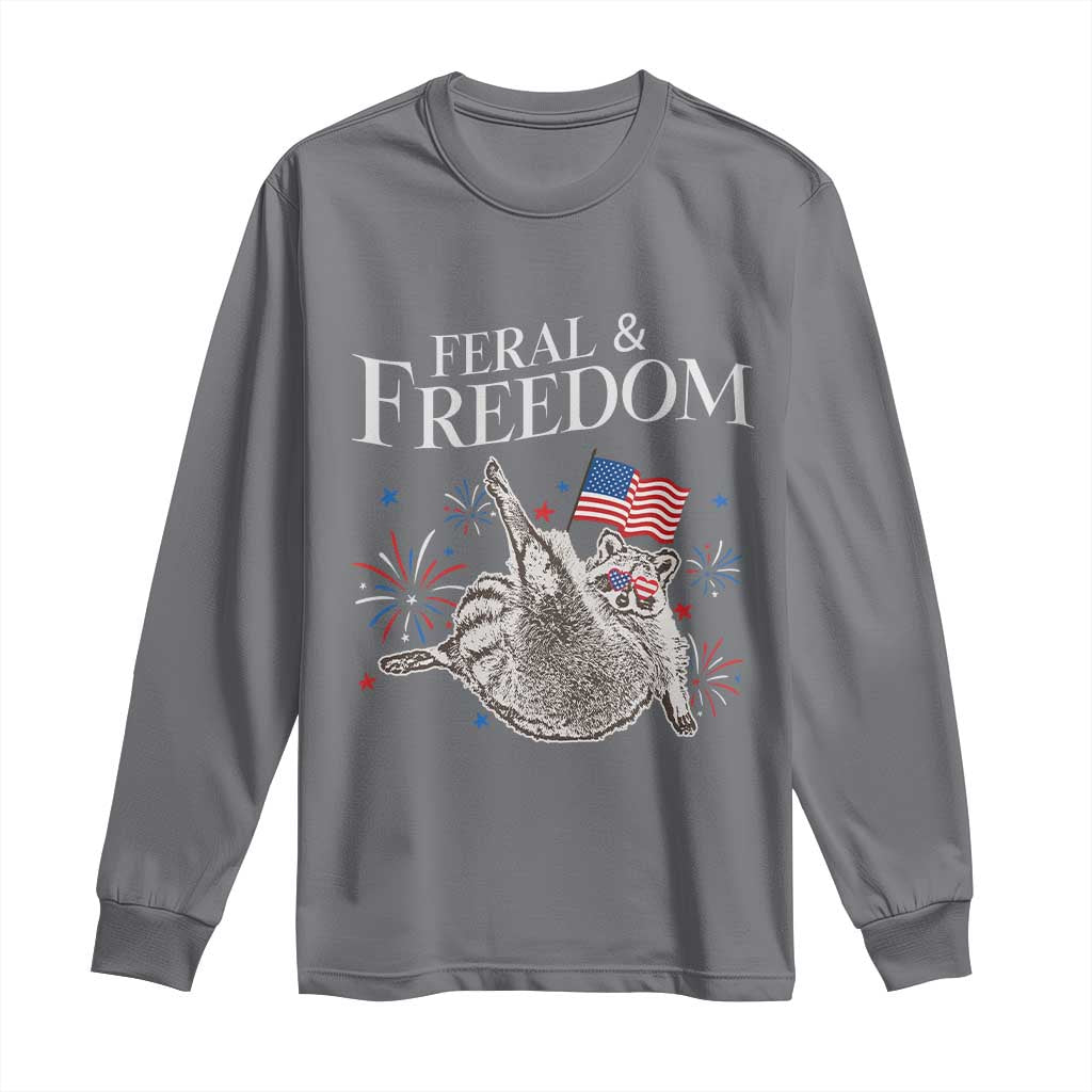 Funny Feral And Free Long Sleeve Shirt 4th of July Patriotic Raccoon With American Flag - Wonder Print Shop
