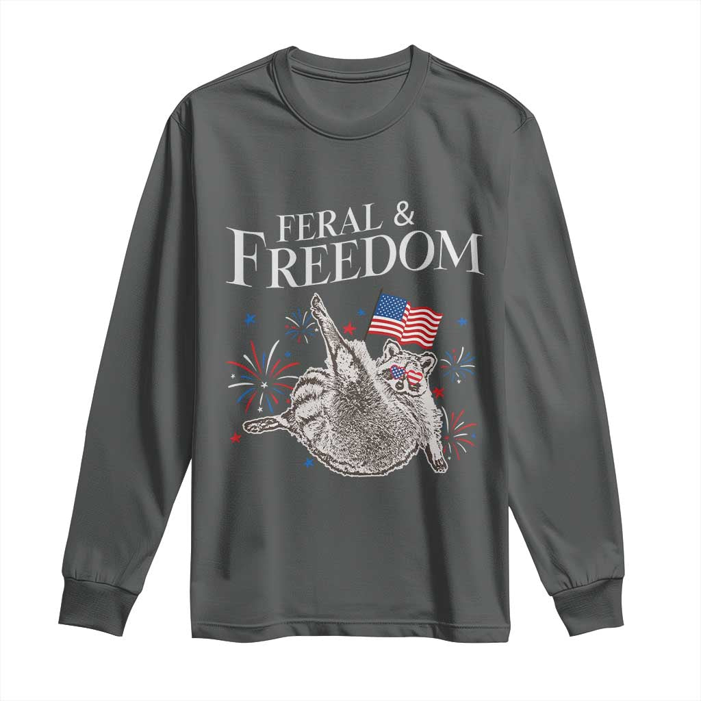 Funny Feral And Free Long Sleeve Shirt 4th of July Patriotic Raccoon With American Flag - Wonder Print Shop