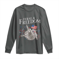 Funny Feral And Free Long Sleeve Shirt 4th of July Patriotic Raccoon With American Flag - Wonder Print Shop