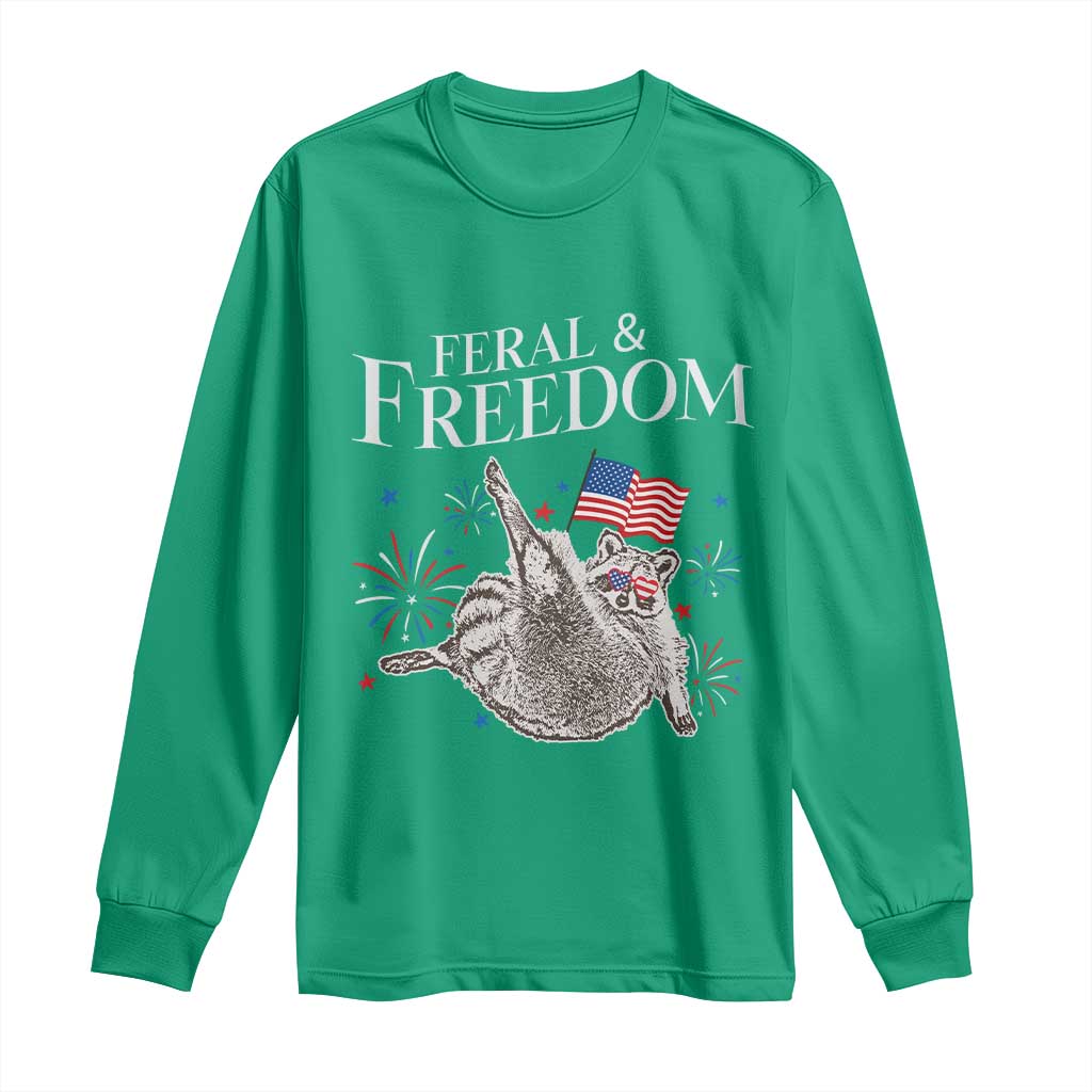 Funny Feral And Free Long Sleeve Shirt 4th of July Patriotic Raccoon With American Flag - Wonder Print Shop