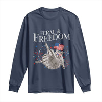 Funny Feral And Free Long Sleeve Shirt 4th of July Patriotic Raccoon With American Flag - Wonder Print Shop