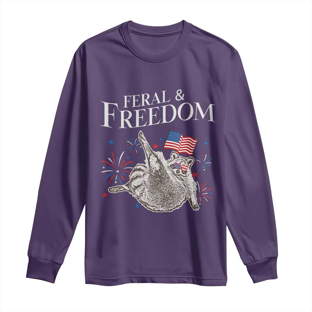 Funny Feral And Free Long Sleeve Shirt 4th of July Patriotic Raccoon With American Flag - Wonder Print Shop
