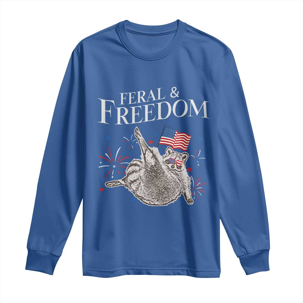 Funny Feral And Free Long Sleeve Shirt 4th of July Patriotic Raccoon With American Flag - Wonder Print Shop