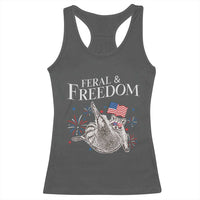 Funny Feral And Free Racerback Tank Top 4th of July Patriotic Raccoon With American Flag - Wonder Print Shop