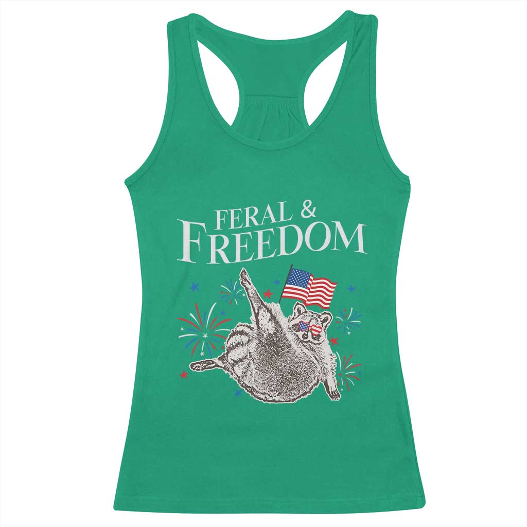 Funny Feral And Free Racerback Tank Top 4th of July Patriotic Raccoon With American Flag - Wonder Print Shop