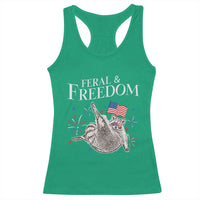 Funny Feral And Free Racerback Tank Top 4th of July Patriotic Raccoon With American Flag - Wonder Print Shop