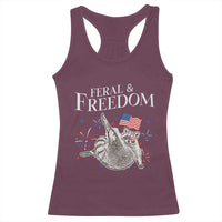 Funny Feral And Free Racerback Tank Top 4th of July Patriotic Raccoon With American Flag - Wonder Print Shop