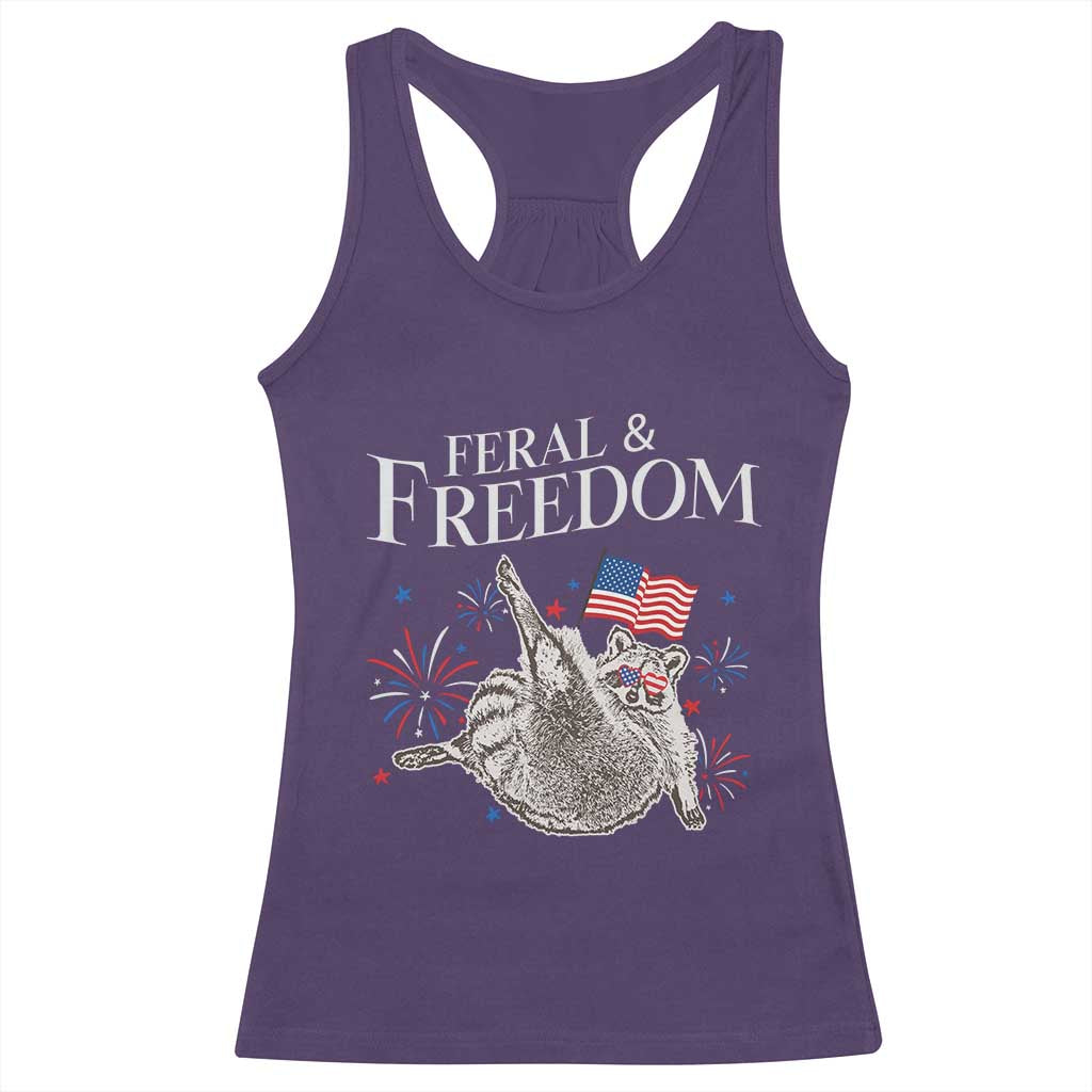 Funny Feral And Free Racerback Tank Top 4th of July Patriotic Raccoon With American Flag - Wonder Print Shop