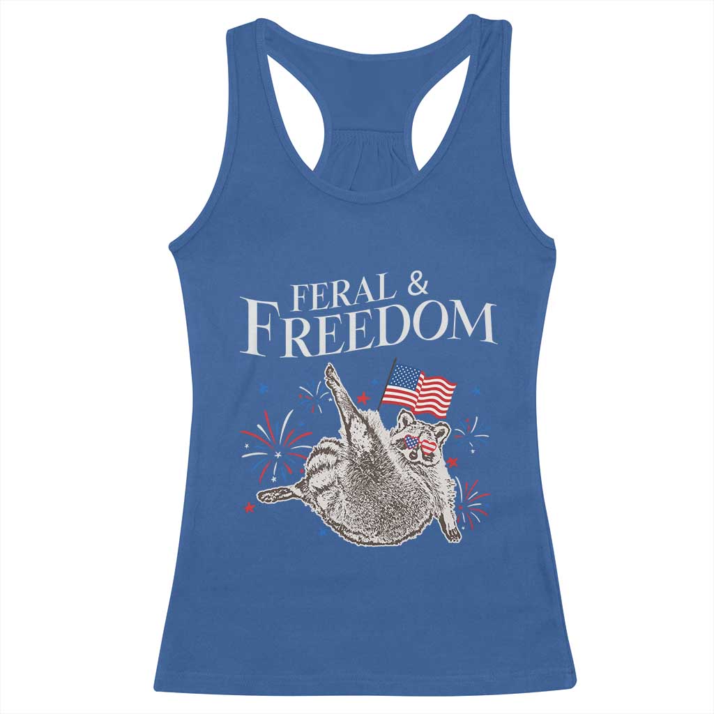 Funny Feral And Free Racerback Tank Top 4th of July Patriotic Raccoon With American Flag - Wonder Print Shop