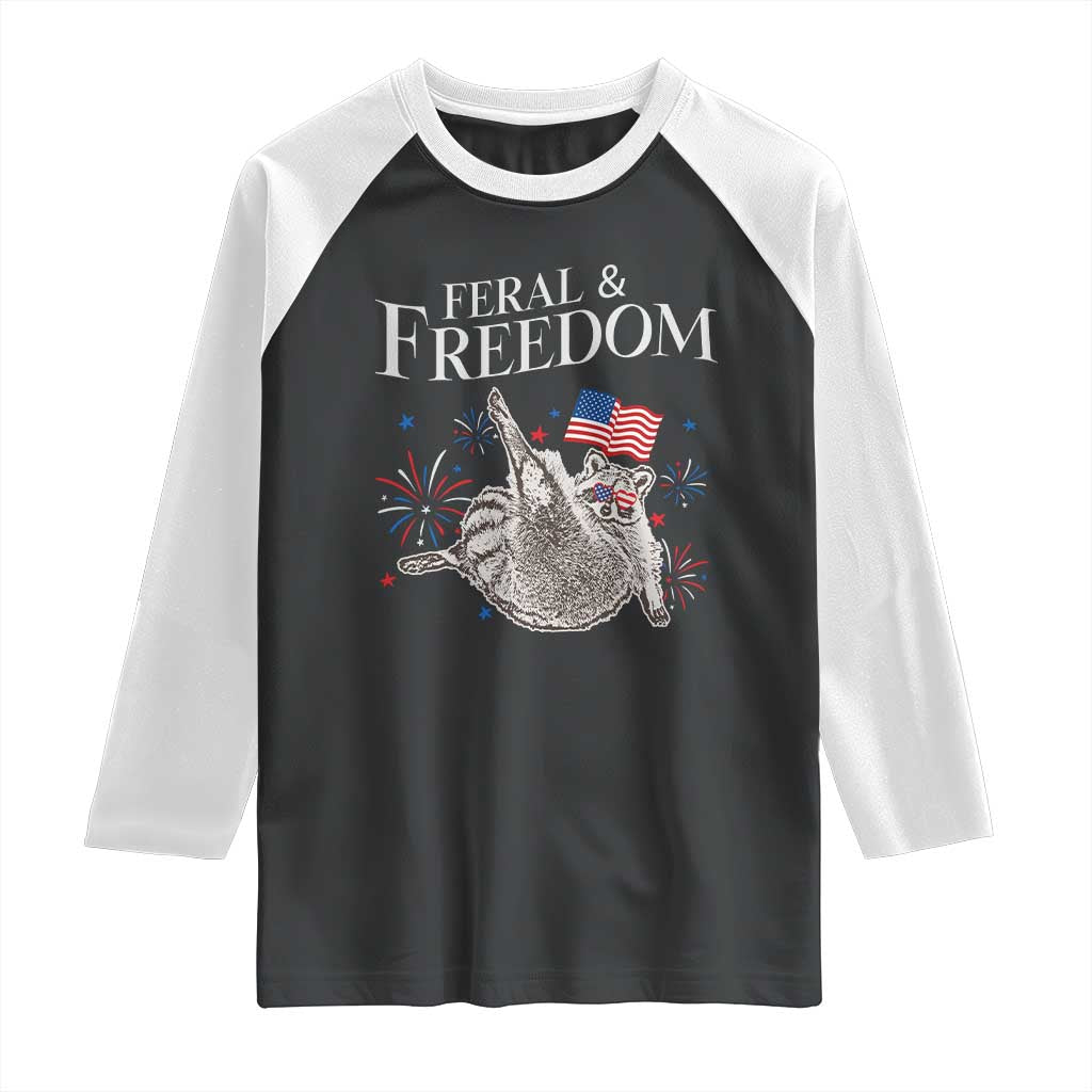 Funny Feral And Free Raglan Shirt 4th of July Patriotic Raccoon With American Flag - Wonder Print Shop