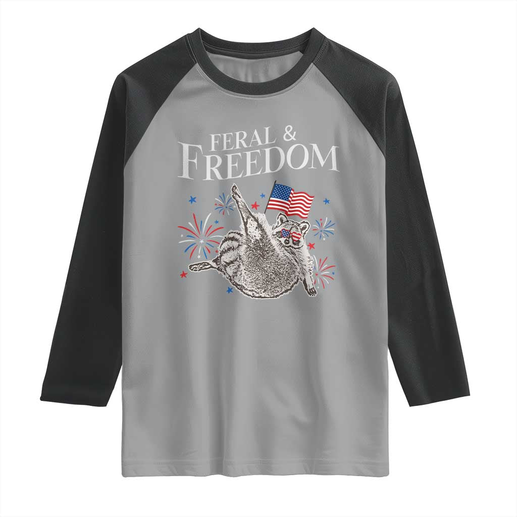 Funny Feral And Free Raglan Shirt 4th of July Patriotic Raccoon With American Flag - Wonder Print Shop