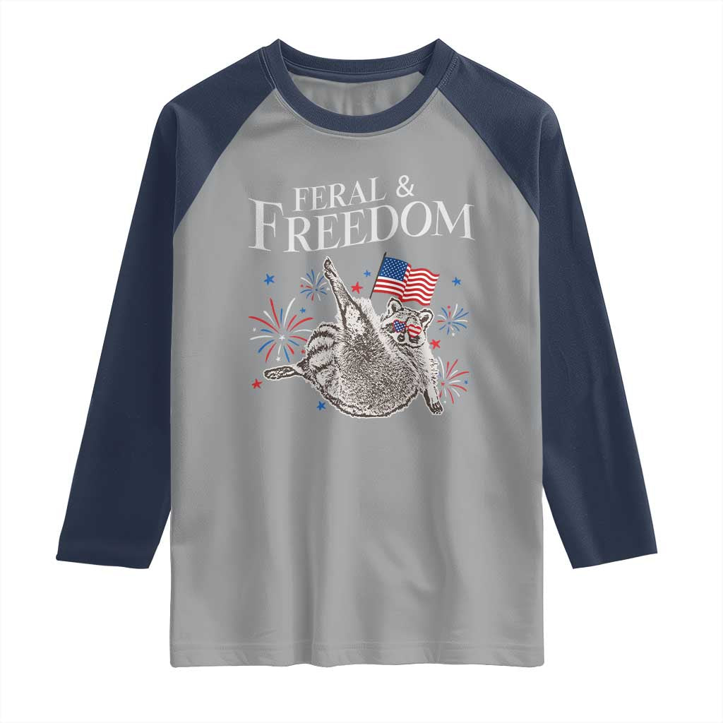 Funny Feral And Free Raglan Shirt 4th of July Patriotic Raccoon With American Flag - Wonder Print Shop