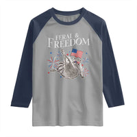 Funny Feral And Free Raglan Shirt 4th of July Patriotic Raccoon With American Flag - Wonder Print Shop