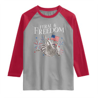 Funny Feral And Free Raglan Shirt 4th of July Patriotic Raccoon With American Flag - Wonder Print Shop