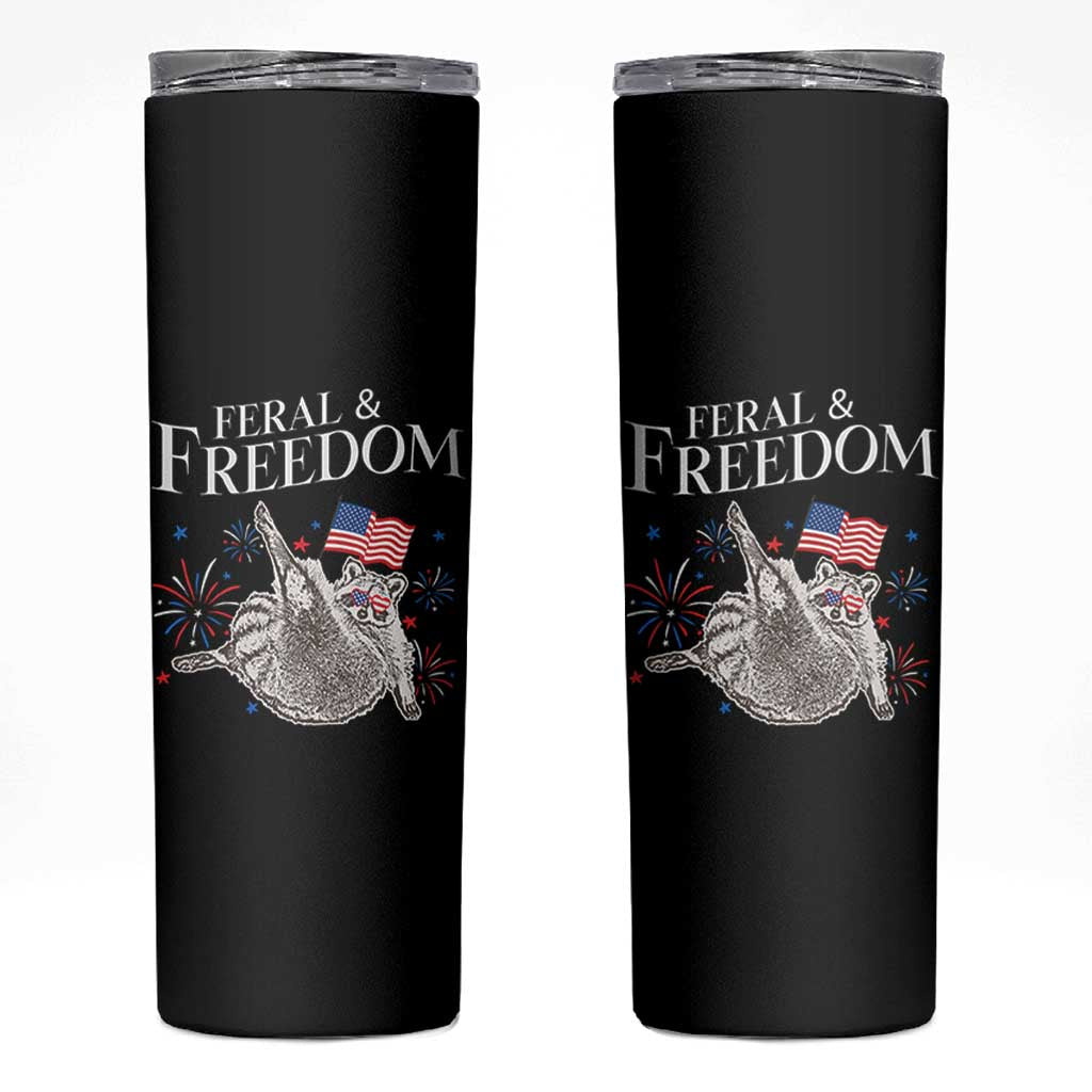Funny Feral And Free Skinny Tumbler 4th of July Patriotic Raccoon With American Flag - Wonder Print Shop
