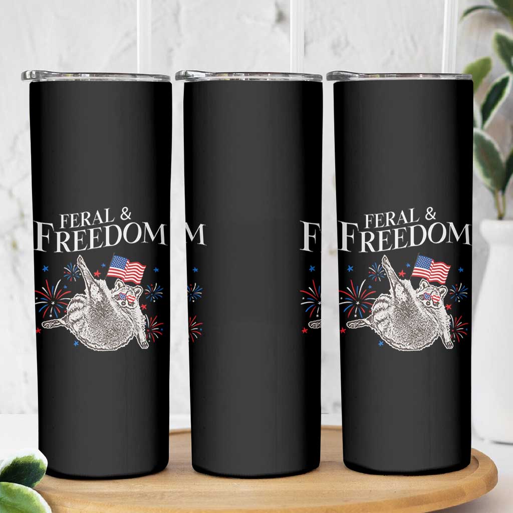 Funny Feral And Free Skinny Tumbler 4th of July Patriotic Raccoon With American Flag - Wonder Print Shop