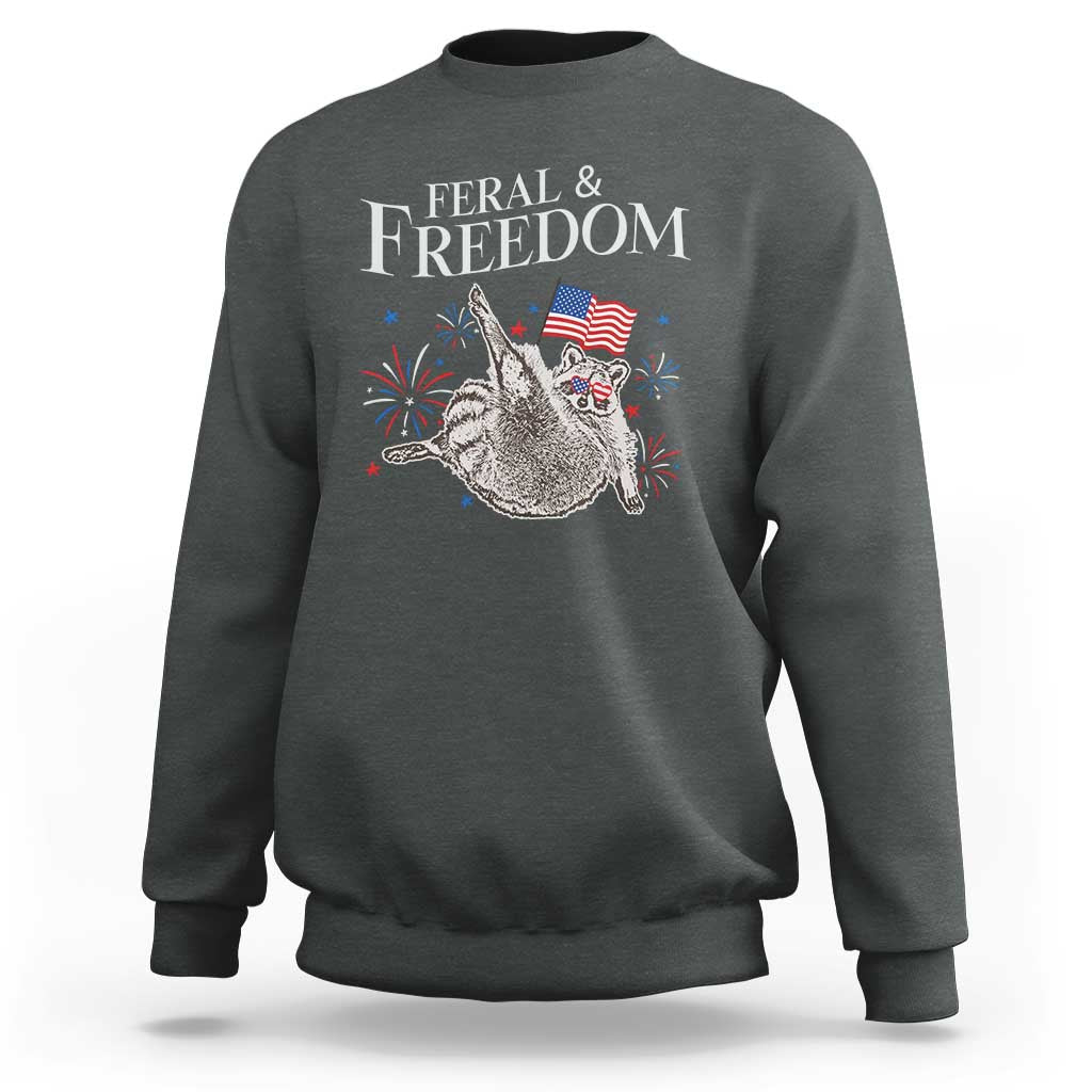 Funny Feral And Free Sweatshirt 4th of July Patriotic Raccoon With American Flag - Wonder Print Shop