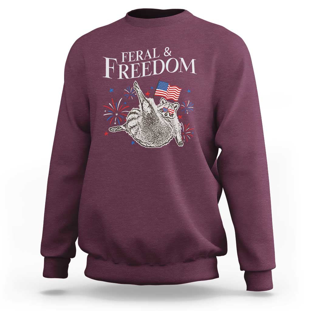 Funny Feral And Free Sweatshirt 4th of July Patriotic Raccoon With American Flag - Wonder Print Shop