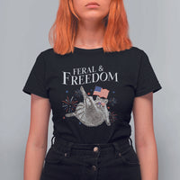 Funny Feral And Free T Shirt For Women 4th of July Patriotic Raccoon With American Flag - Wonder Print Shop