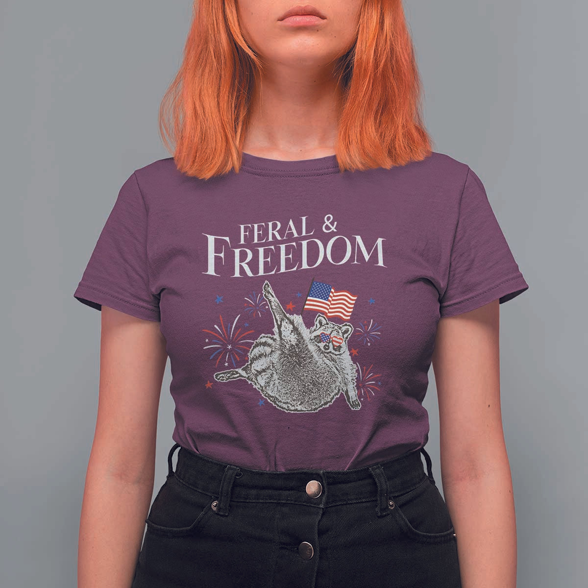 Funny Feral And Free T Shirt For Women 4th of July Patriotic Raccoon With American Flag - Wonder Print Shop