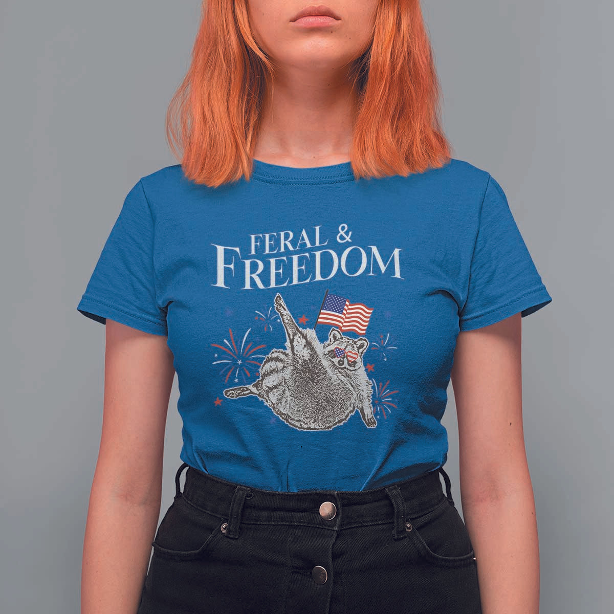 Funny Feral And Free T Shirt For Women 4th of July Patriotic Raccoon With American Flag - Wonder Print Shop