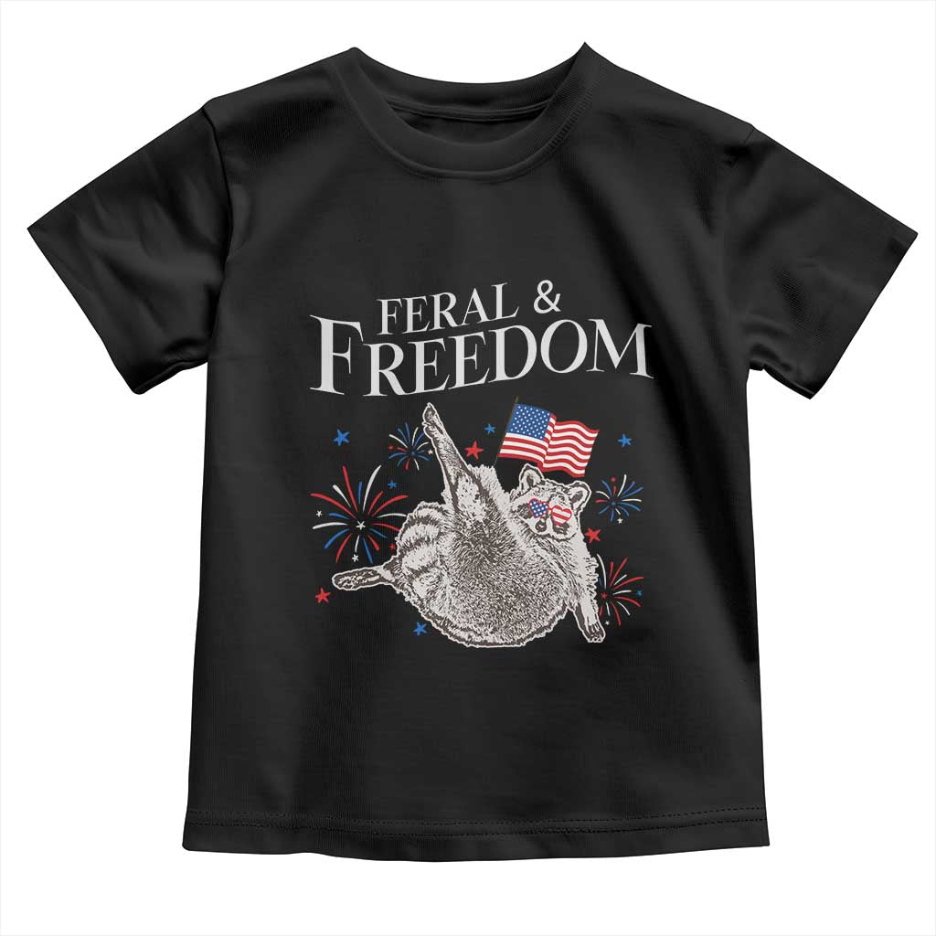 Funny Feral And Free Toddler T Shirt 4th of July Patriotic Raccoon With American Flag - Wonder Print Shop