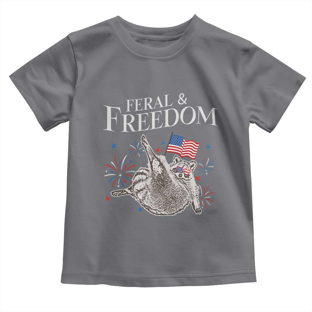 Funny Feral And Free Toddler T Shirt 4th of July Patriotic Raccoon With American Flag - Wonder Print Shop