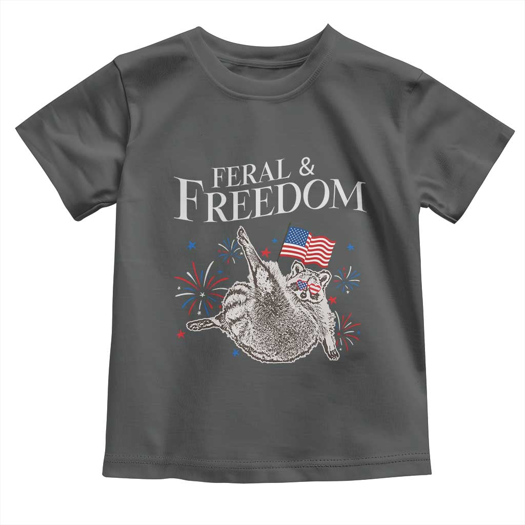 Funny Feral And Free Toddler T Shirt 4th of July Patriotic Raccoon With American Flag - Wonder Print Shop
