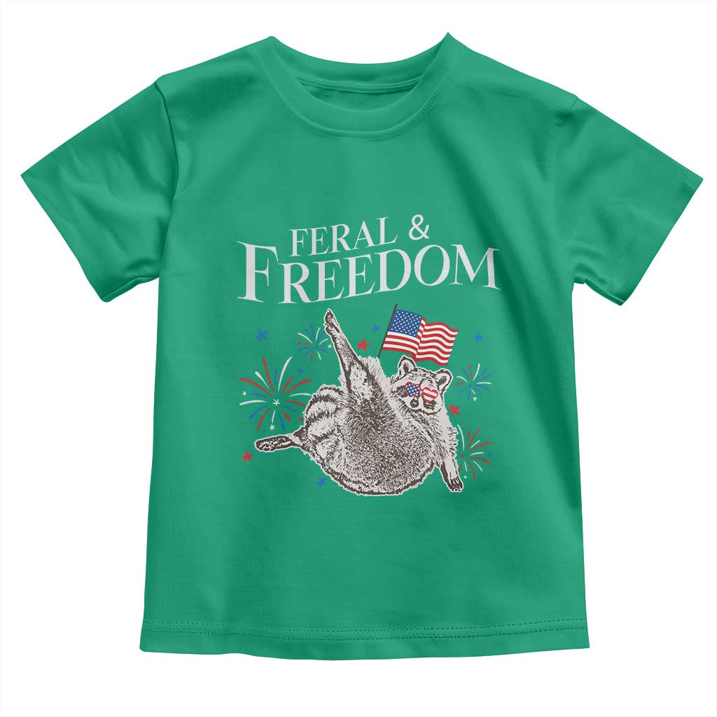 Funny Feral And Free Toddler T Shirt 4th of July Patriotic Raccoon With American Flag - Wonder Print Shop