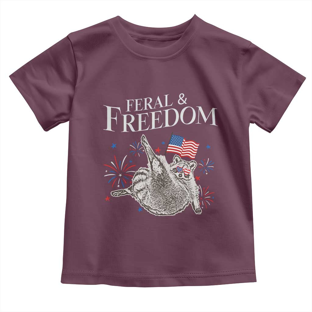 Funny Feral And Free Toddler T Shirt 4th of July Patriotic Raccoon With American Flag - Wonder Print Shop