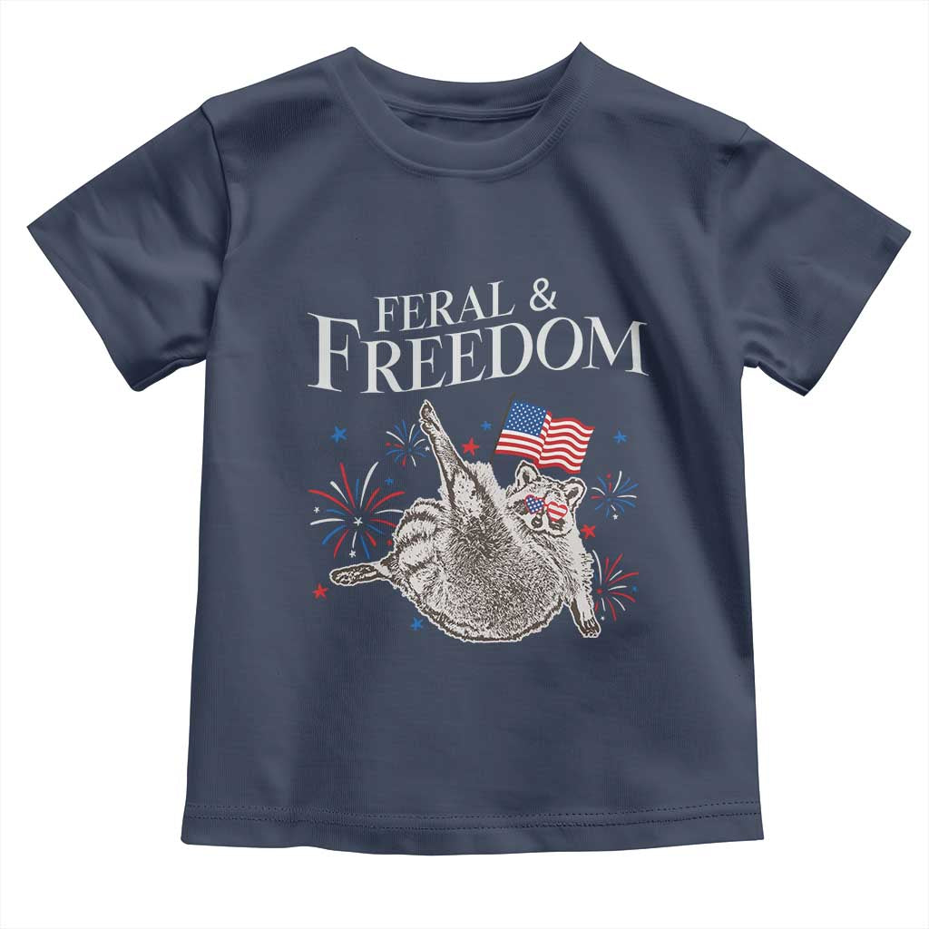Funny Feral And Free Toddler T Shirt 4th of July Patriotic Raccoon With American Flag - Wonder Print Shop