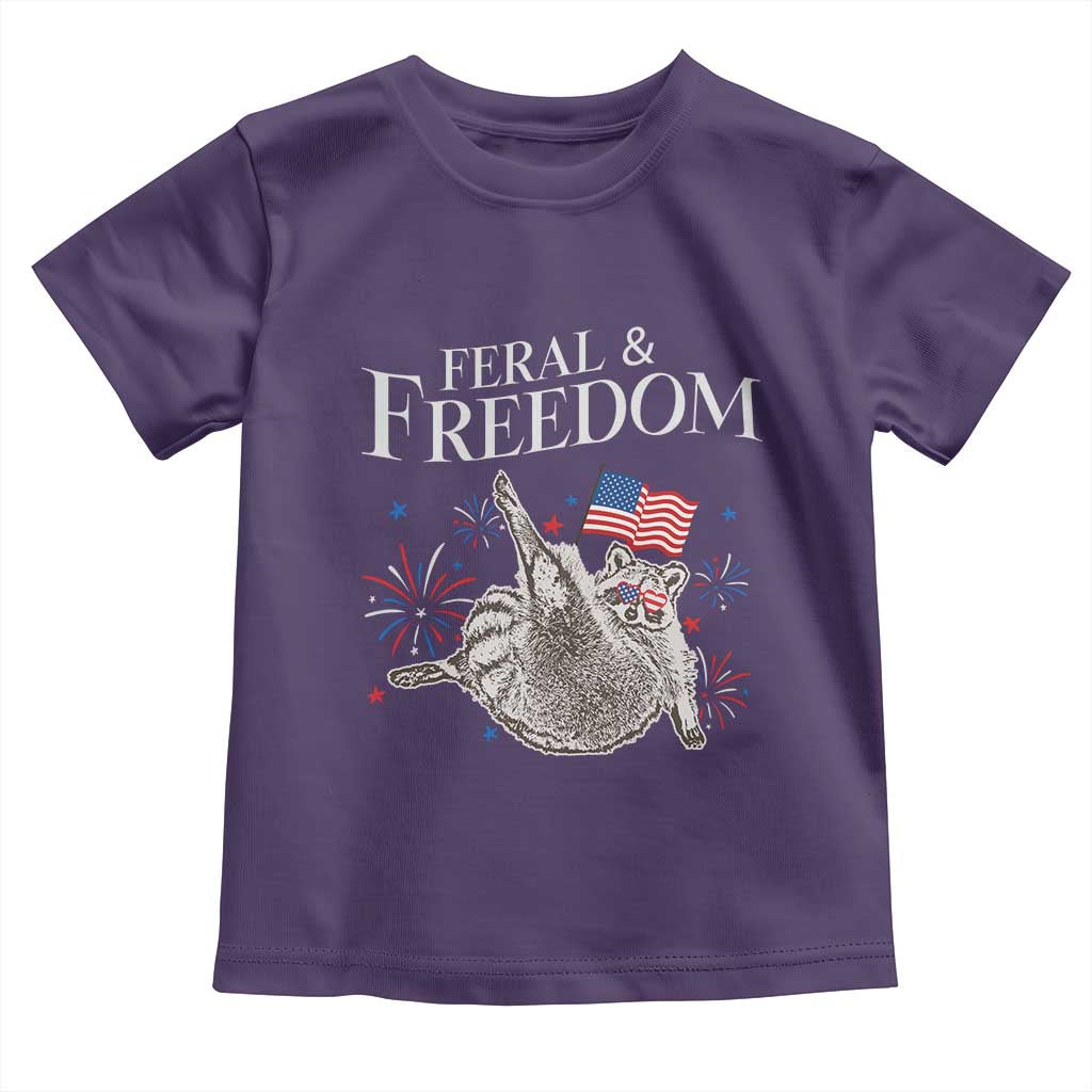 Funny Feral And Free Toddler T Shirt 4th of July Patriotic Raccoon With American Flag - Wonder Print Shop