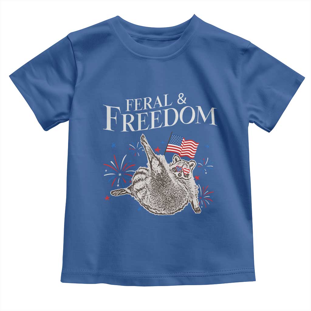 Funny Feral And Free Toddler T Shirt 4th of July Patriotic Raccoon With American Flag - Wonder Print Shop
